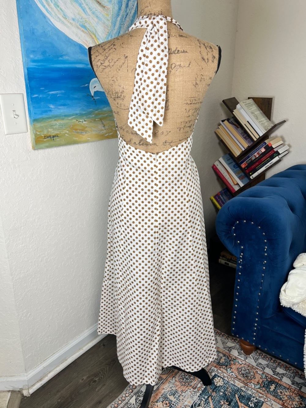 Zara White Halter Midi Dress with Brown Polka Dots - Picture 3 of 8